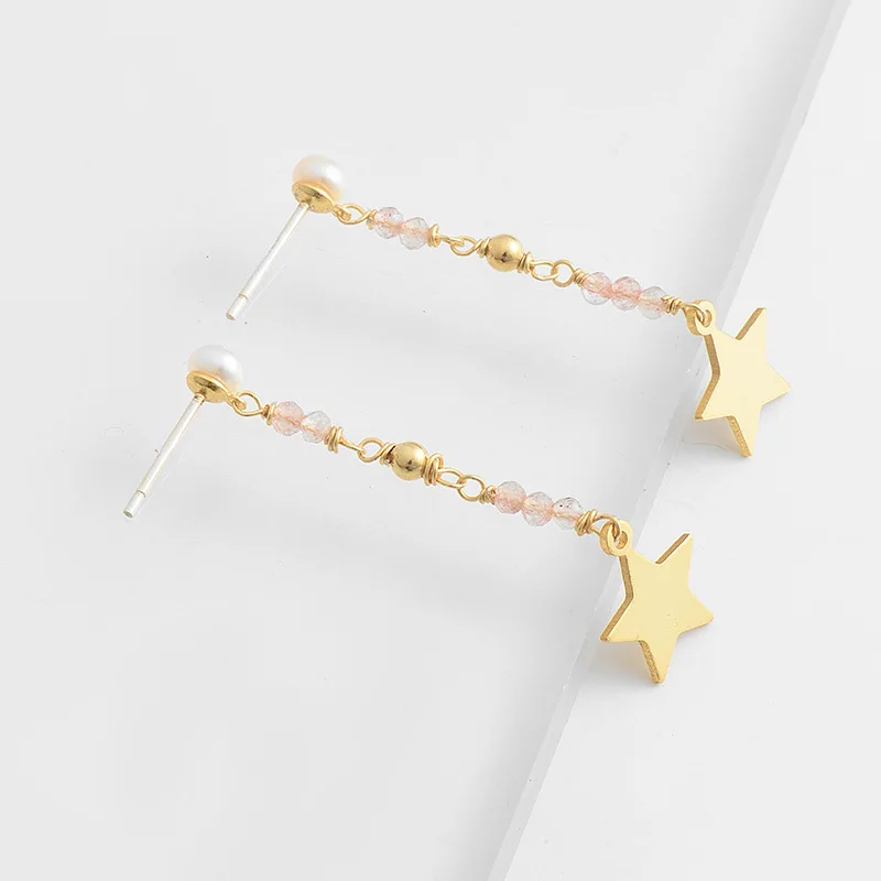 INALIS New Elegant Drop Earrings 925 Sterling Silver Star Pendant with Natural Pearl Black Pink Stone Dangle Brincos for Women | Украшения
