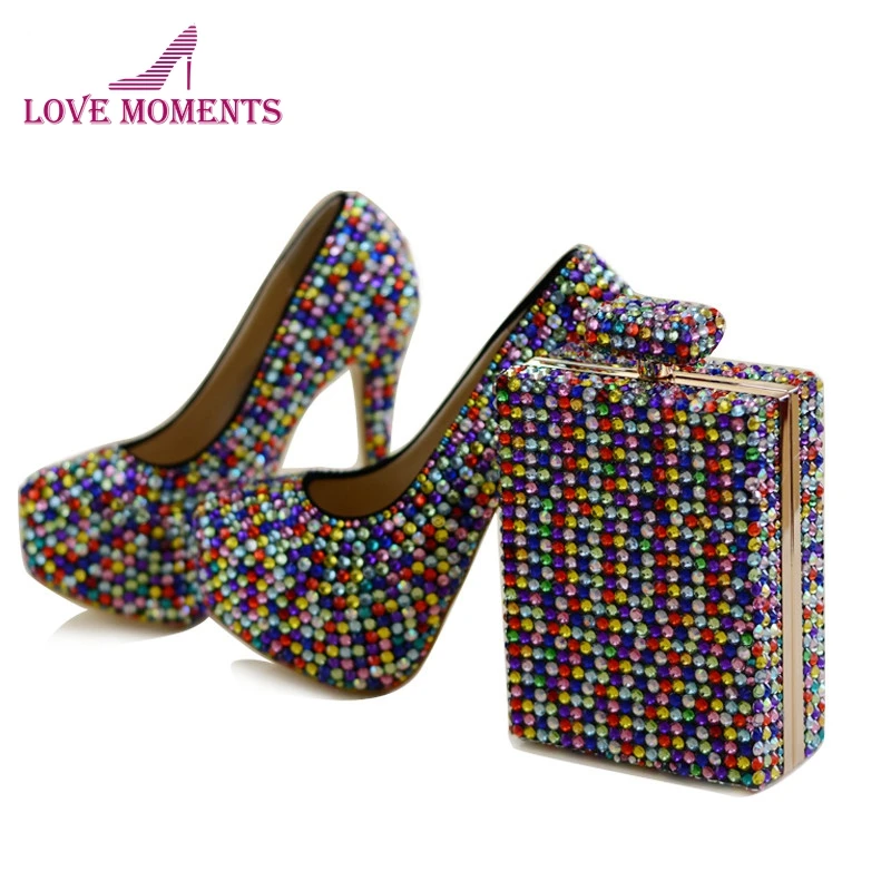 Разноцветные официальные туфли Стразы с клатчем 5 дюймов на высоком каблуке
