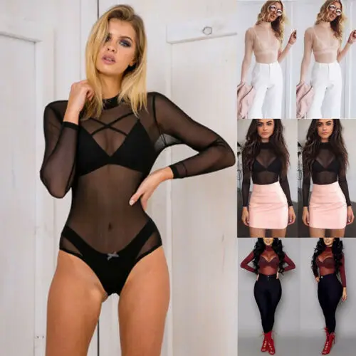 Женский сетчатый облегающий боди в сеточку трико Топ с длинным рукавом