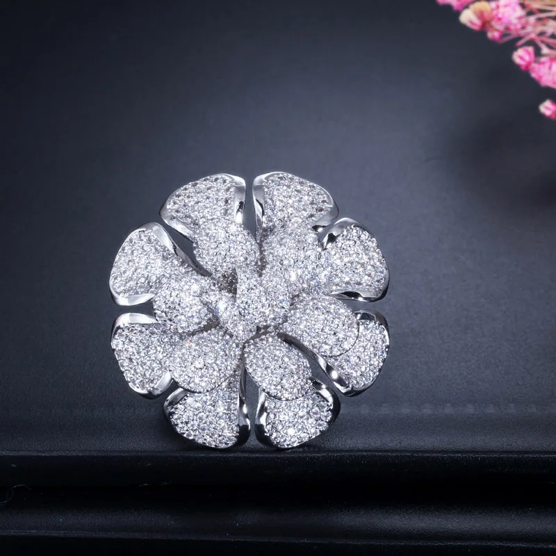 White Gold Color Pera роскошный большой цветок форма AAA+ Mirco проложить кубического циркония кольца ювелирные аксессуары Свадебная вечеринка палец кольцо для женщин R096 - Цвет основного камня: White Gold Color