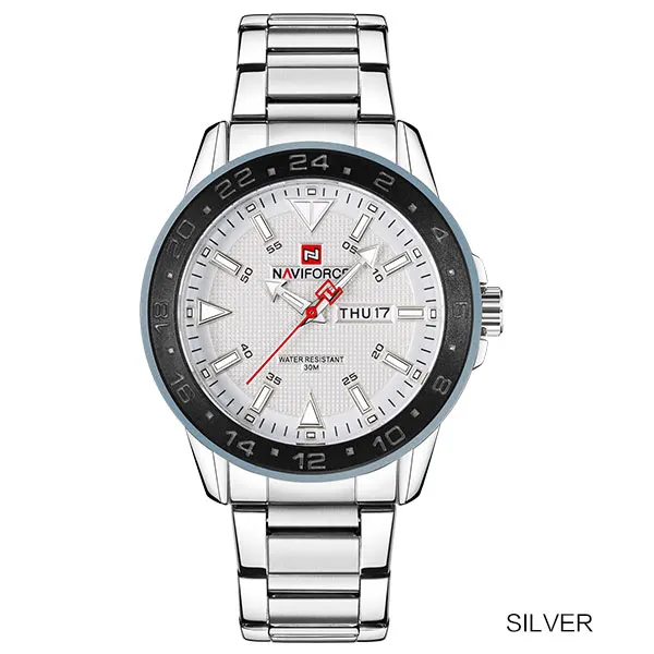 silver Новое поступление, кварцевые часы бренда NAVIFORCE, мужские спортивные часы из нержавеющей стали, водонепроницаемые наручные часы с автоматическим календарем, подарочные часы - Цвет: silver