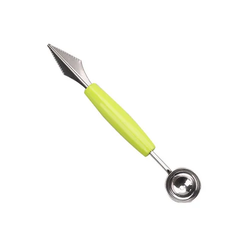 GREEN Double Head Stainless Steel Watermelon Digging Ball Kitchen Tool Watermelon Carving Knife Fruit Ice Cream Digging Ball Spoon - Color: GREEN