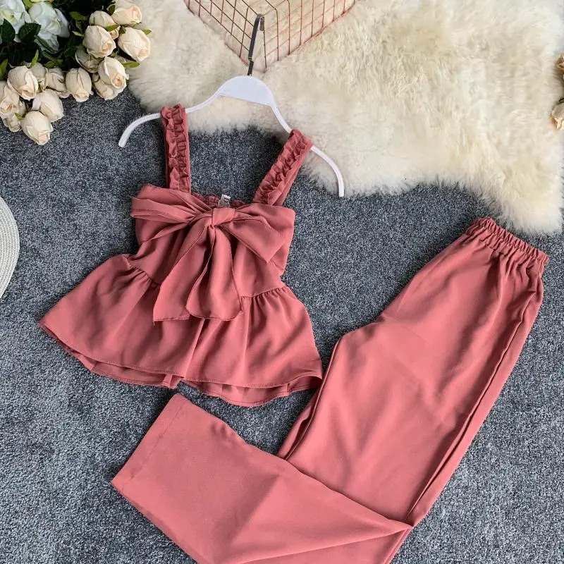 ALPHALMODA, летняя блузка на бретелях с бантом+ прямые штаны, женские повседневные комплекты из 2 предметов, однотонный эластичный Топ без рукавов+ брюки, комплекты