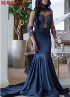 2019 navy blue mermaid high neck long sleeve formal dress see through tulle appliqued sexy evening dress satin bridal night gown