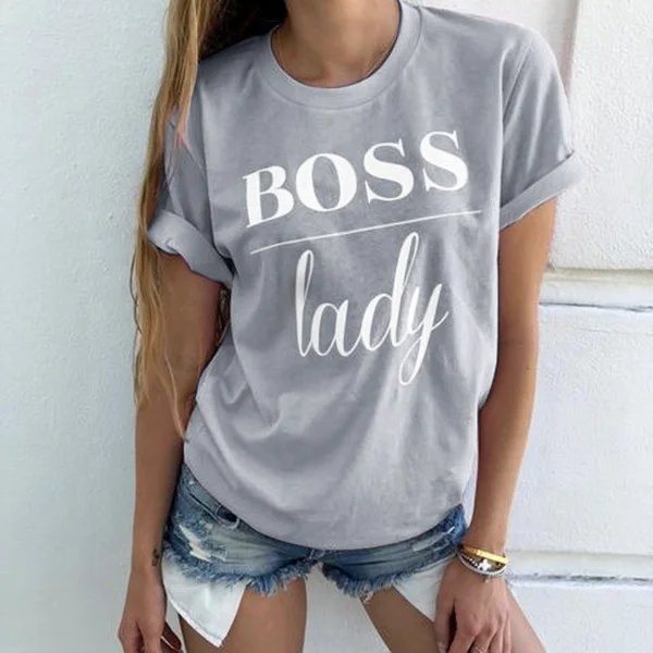 WEPBEL, летняя мода, женская Повседневная футболка с надписью Boss, топы, женские футболки с принтом, топы с коротким рукавом - Цвет: Серый