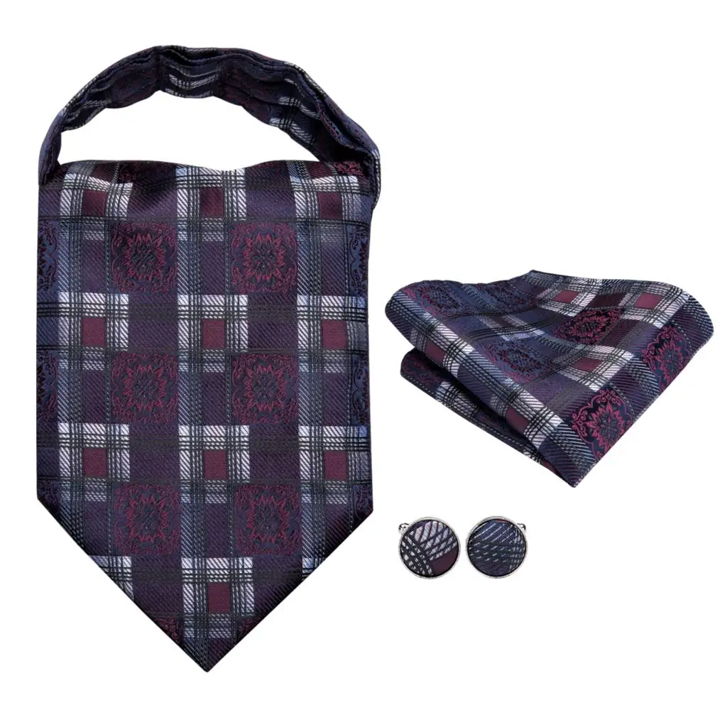 Hi-Tie Men Silk Ascot Black Cravat Checked Asoct Ties Plaid Necktie Pocket Square Cufflink Set Gift for Father/Husband AS-1008 | Аксессуары