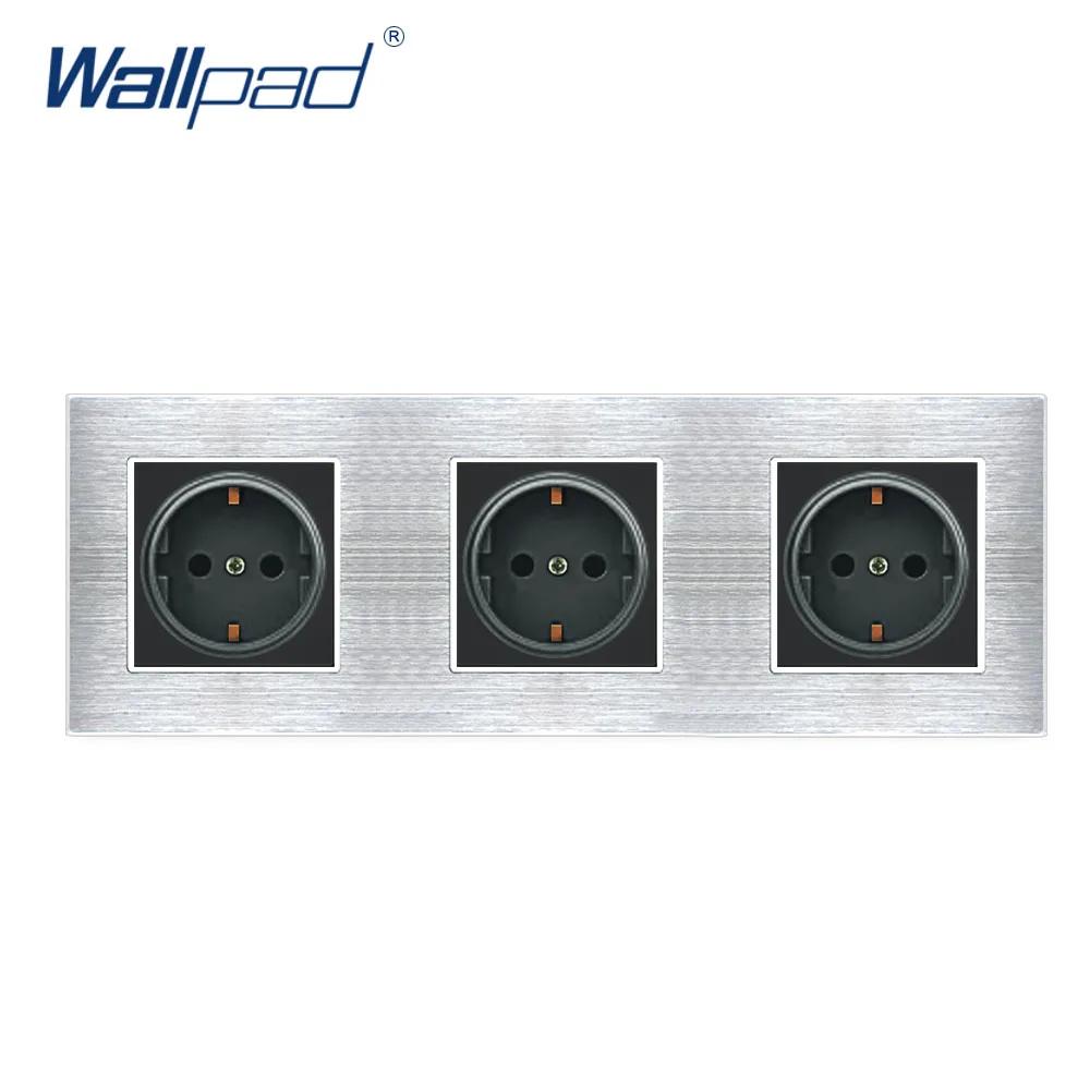 Серебристый Трехместный ЕС 2 Pin Пособия по немецкому языку розетка Wallpad люксовые клавишные атласная металлическая Панель 3 Way рамка профиль ЕС 16A 258*86 мм настенный Мощность розетка Schuko - Цвет: Серебристый