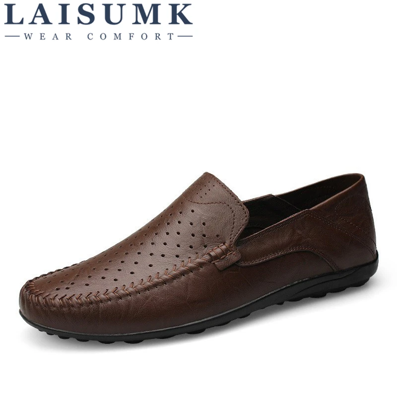 LAISUMK Big Size Handmade Genuine Leather Men Loafers Soft Driving Moccasins Brand Casual Shoes Slip On Flats | Обувь