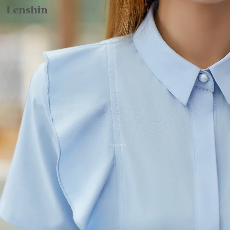 

Lenshin Ruffles Shirt Fashion Style Short Sleeve Blue Blouse Slim Summer Wear Women Clothes Top Female