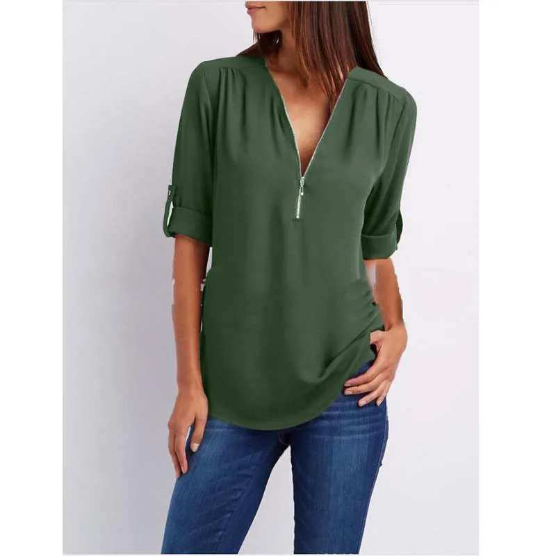 7 Blusas mujer de moda, рубашка с длинным рукавом и v-образным вырезом, Элегантная блузка, шифоновая Женская Коллекция nouvelle, с украшением на молнии - Цвет: 7