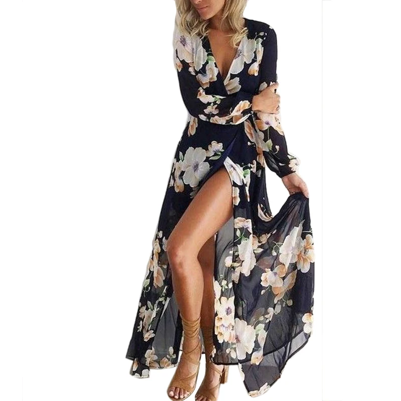 Женское платье с цветочным принтом Boho длинное Пляжное Платье макси длинным