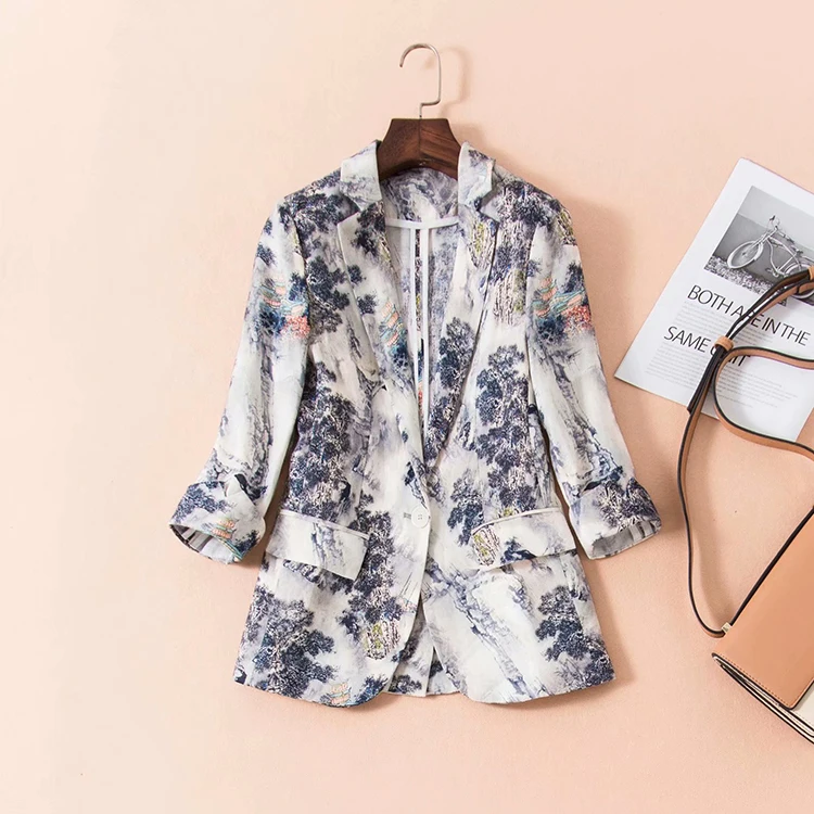 SEQINYY Short Jacket Summer Spring New Fashion Design 3/4 Sleeve Ink Forest Printed Thin Casual Women Linen Blazer
