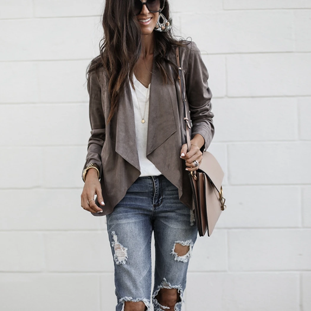 2018 Женская куртка из искусственной замши кардиган с лацканами длинным рукавом