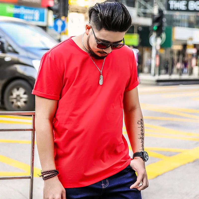 17291 red O-collar Футболка размера плюс, мужская, 5XL, негабаритная футболка, мужская, одноцветная, короткий рукав, хлопок, v-образный вырез, футболка, летняя, белая, большая, 6XL, 7XL, для роста - Цвет: 17291 red O-collar