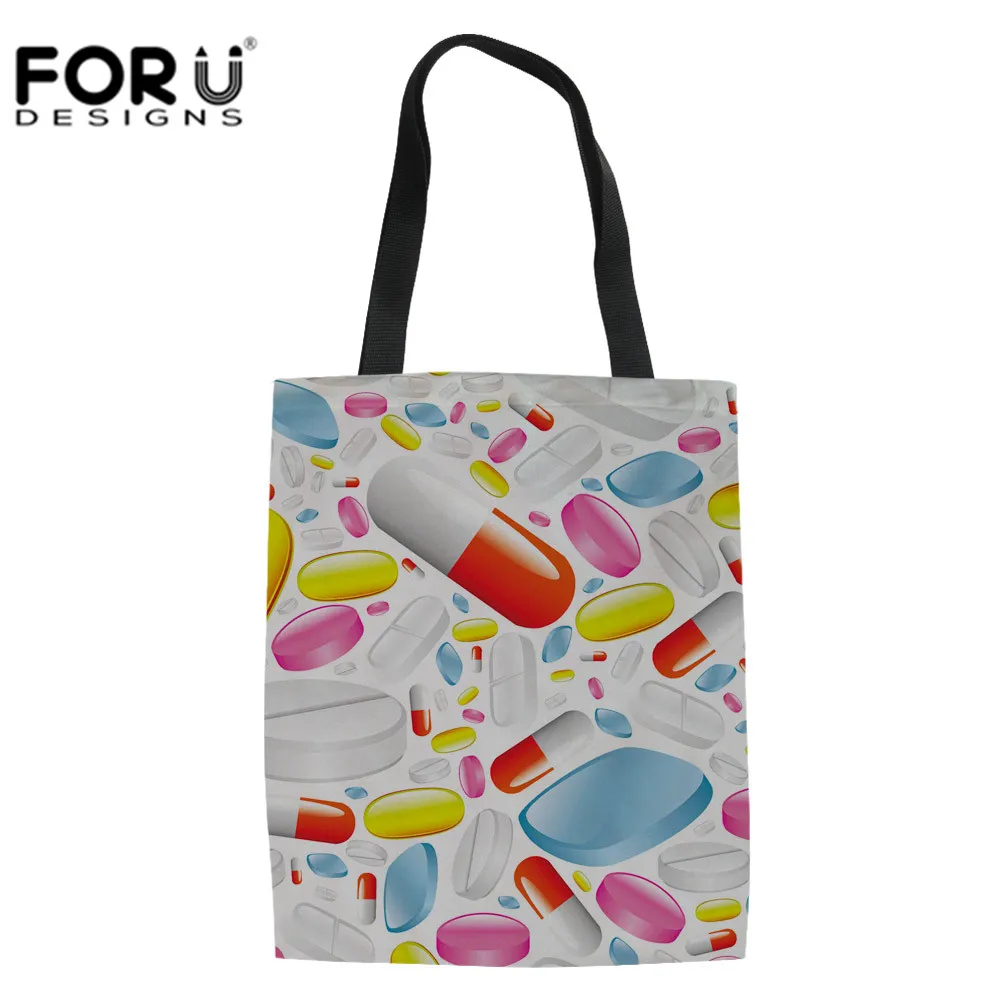 

FORUDESIGNS Cartoon Nurse Pill Printing Canvas Handbags Shopper for Fashion Ladies Beach Cloth Shoulder Bag Sac A Main Feminina