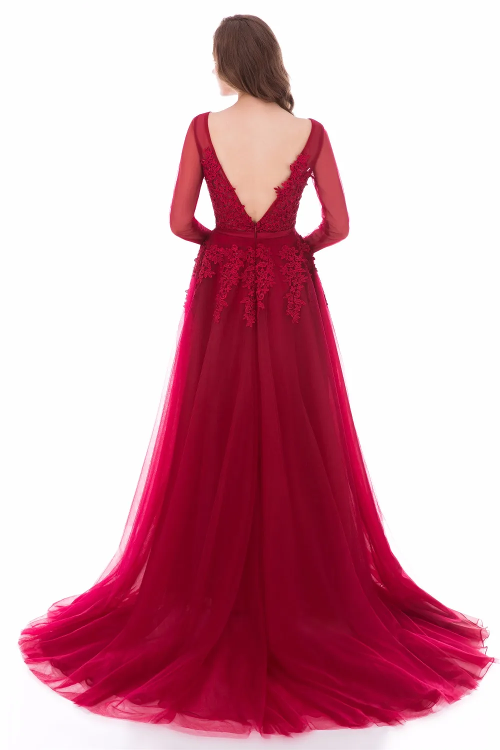 Винно-красное вечернее платье длинное 2020 Тюль с кружевной аппликацией и длинными