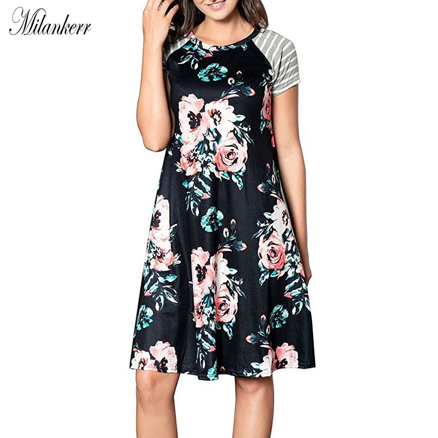 Milankerr женская с цветочным принтом Повседневное платье в полоску коротким рукавом