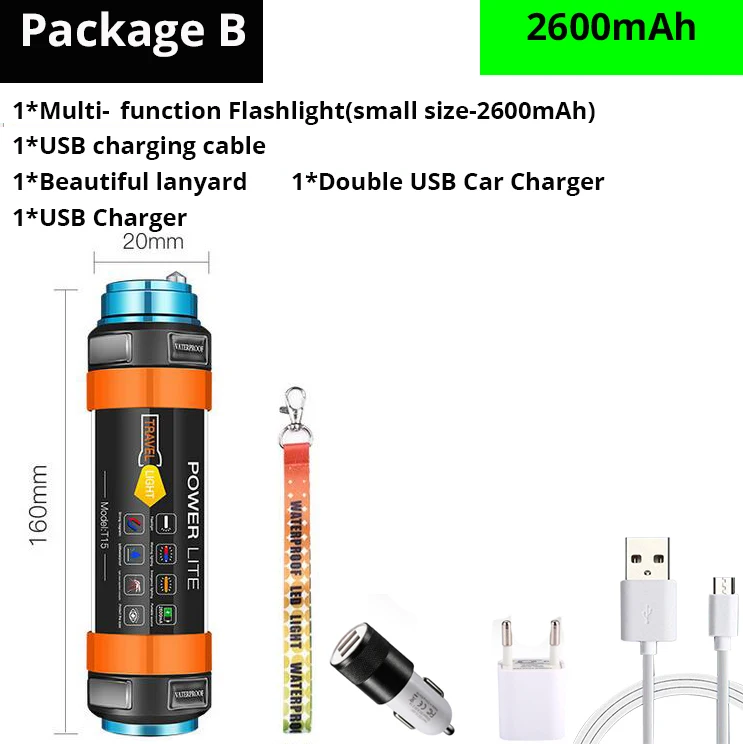 16cm-2600mAh-B 7800 мА/ч Многофункциональный перезаряжаемый светодиодный светильник-вспышка для кемпинга, фонарь для палатки, светильник от комаров, Предупреждение ющий светильник, IP68 водонепроницаемый - Мощность в ваттах: 16cm-2600mAh-B