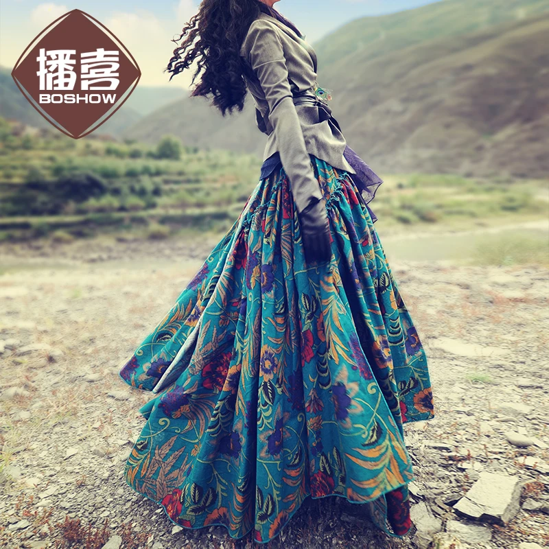 Женская юбка BOSHOW хлопковая льняная с цветным принтом оригинальный дизайн на