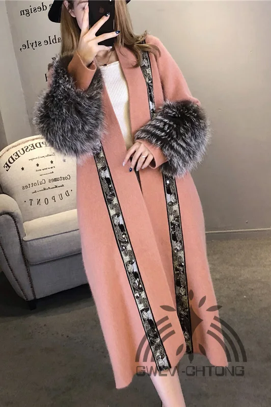 NEW women knitted mink cashmere sweater with fox fur sleeve fashion coat jacket cardigans |