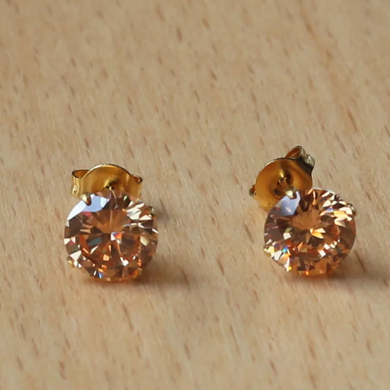 

316 L Stainless Steel Stud Earrings Gold-color Vacuum Plating No Fade Allergy Free With 7mm Champagne Zircon Classical Jewelry