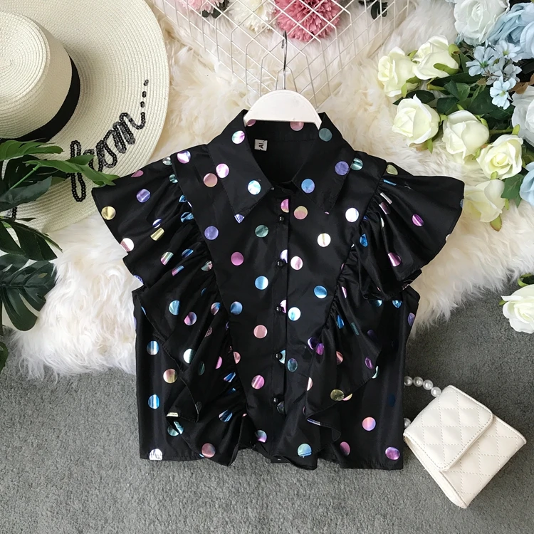 Женские рубашки без рукавов с оборками милые короткие топы женские в горошек