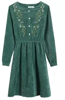 Mori Girl Spring Women Corduroy Dress Stand Collar Green Floral Embroidery Mujer Vestido Elegant Classical Vintage DV423 | Женская