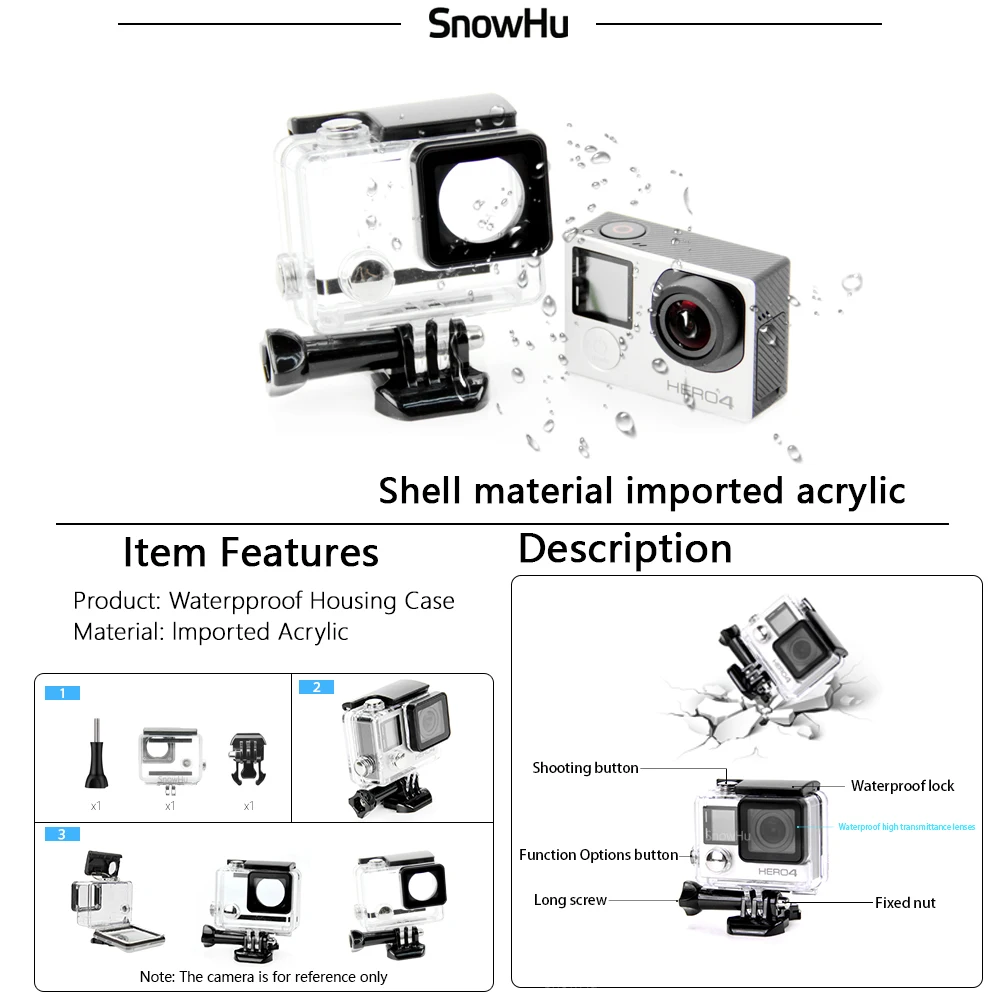 Комплект аксессуаров SnowHu для Go Pro водонепроницаемый чехол 60 м подводного