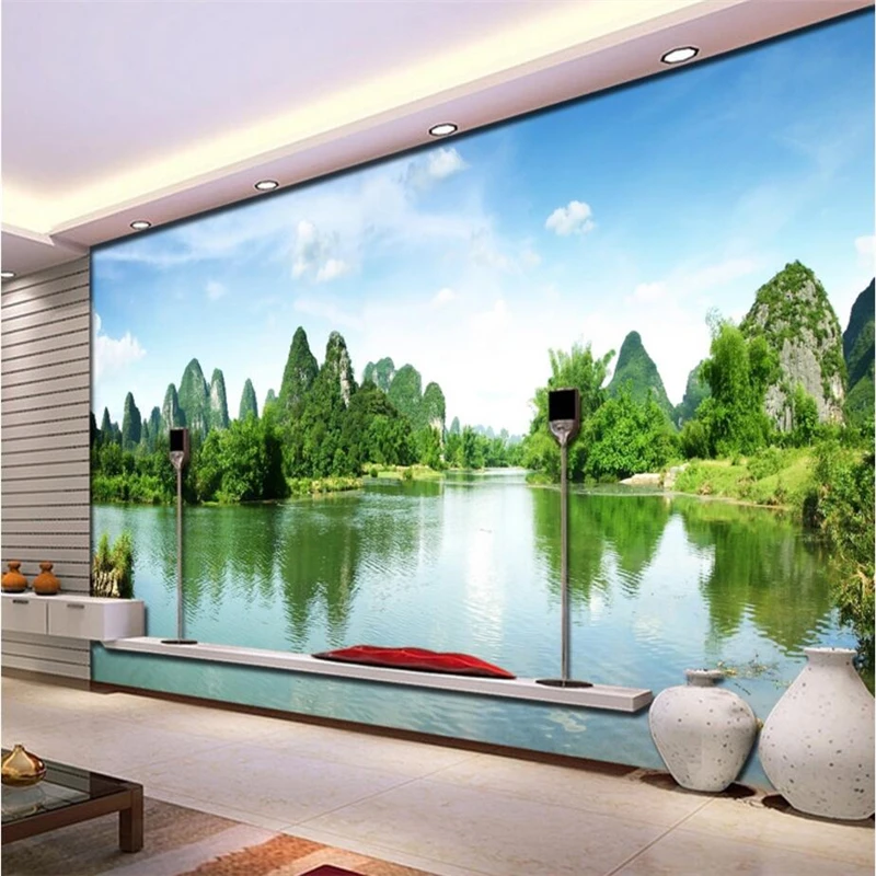 

beibehang Large Custom Wallpaper Castle Peak Green Water Landscape TV Background Living Room Wall Decorative