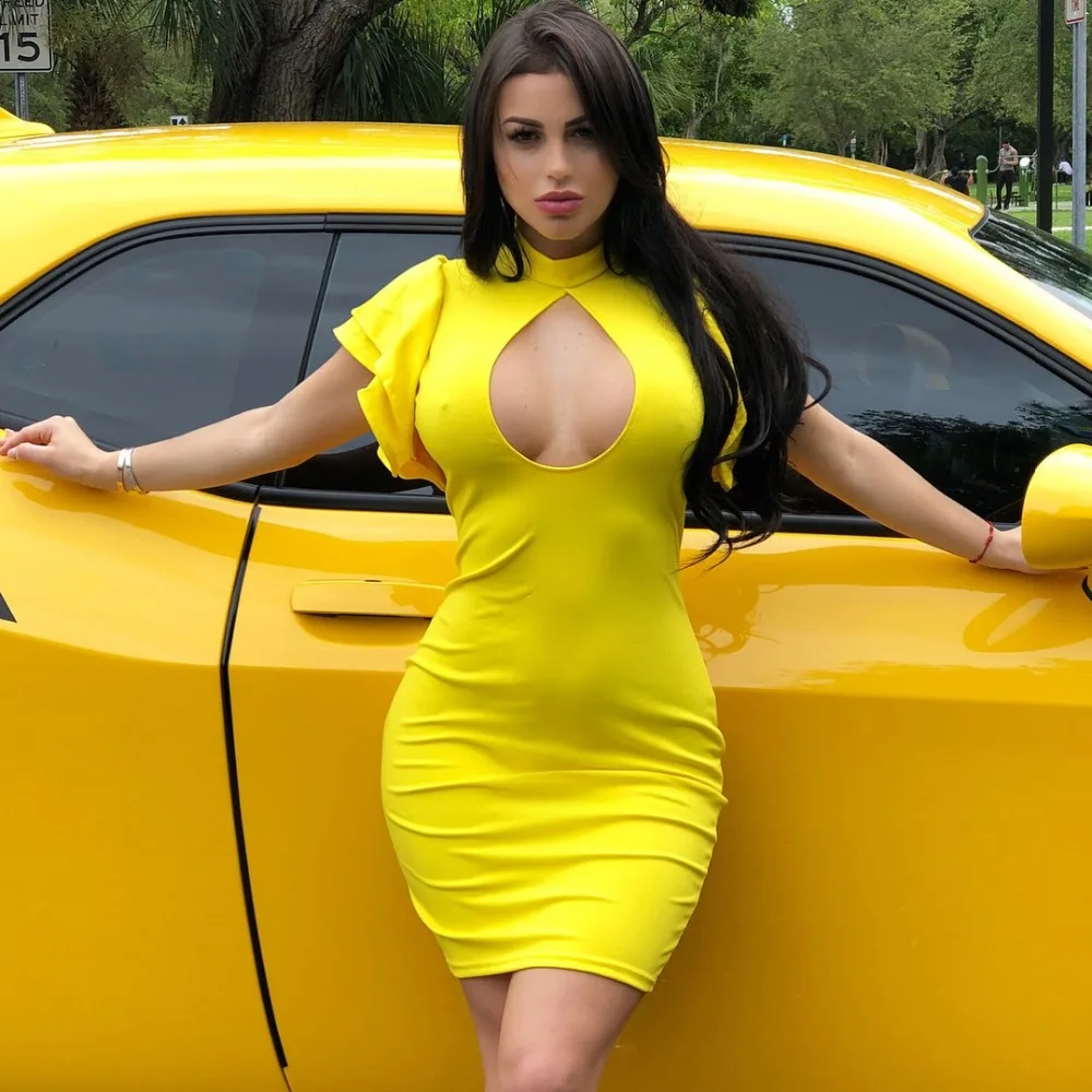 Almajores для женщин Bodycon платье Сексуальная выдалбливают оборками рукавом Мини