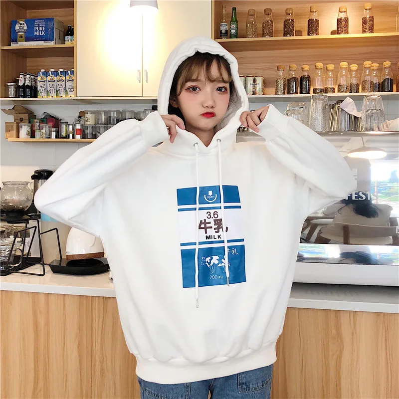 Harajuku мода плюс Velevt Для женщин толстовки милые коровье молоко коробка с клубничным принтом Свитер для девочек Повседневное свободные пуловеры