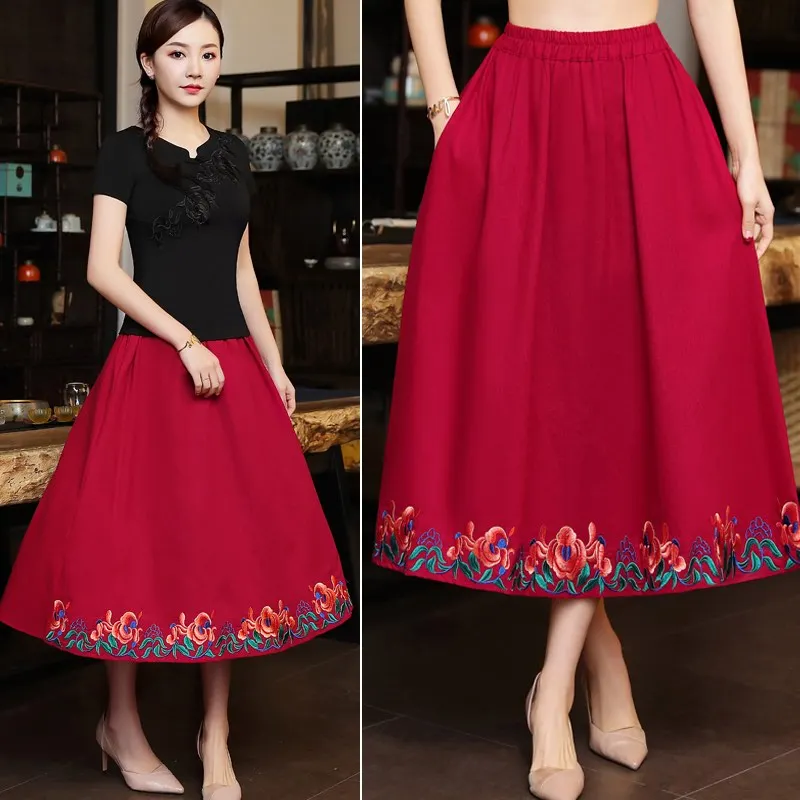 KYQIAO faldas mujer moda jupe femme женская осенняя Весенняя Мехико стиль этнический дизайн длинная Черная синяя красная юбка с вышивкой - Цвет: only skirt