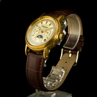 old brass men elegant see through moon phase special design of the pointer type mechanical leather watch classic wrist watches