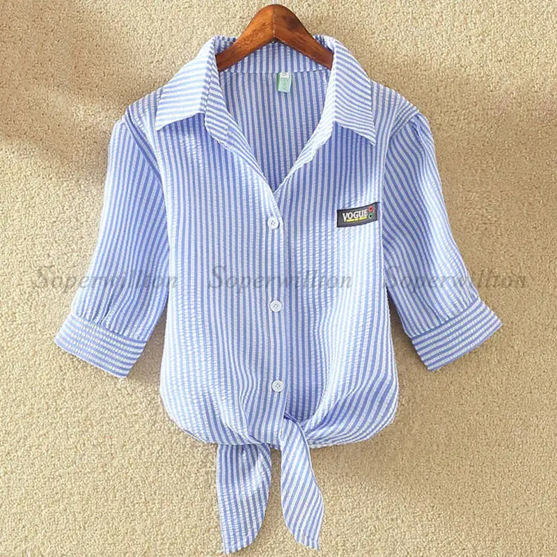 Blue stripes Топ, кимоно, летняя женская блузка, рубашки, повседневные Полосатые блузки, рубашка с бантом, Blusas свободного размера плюс, женская одежда 4xl, топы - Цвет: Blue stripes