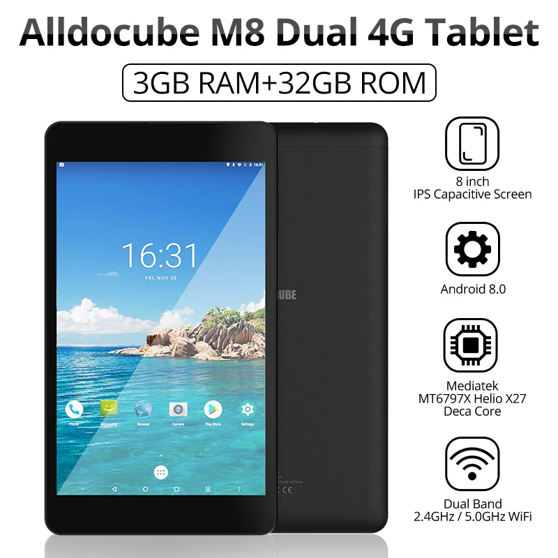 Оригинальная коробка Alldocube M8 3 ГБ ОЗУ 32 Гб ПЗУ MT6797X Helio X27 Deca Core 8 дюймов Android 8,0 Dual 4G планшет 1920*1200