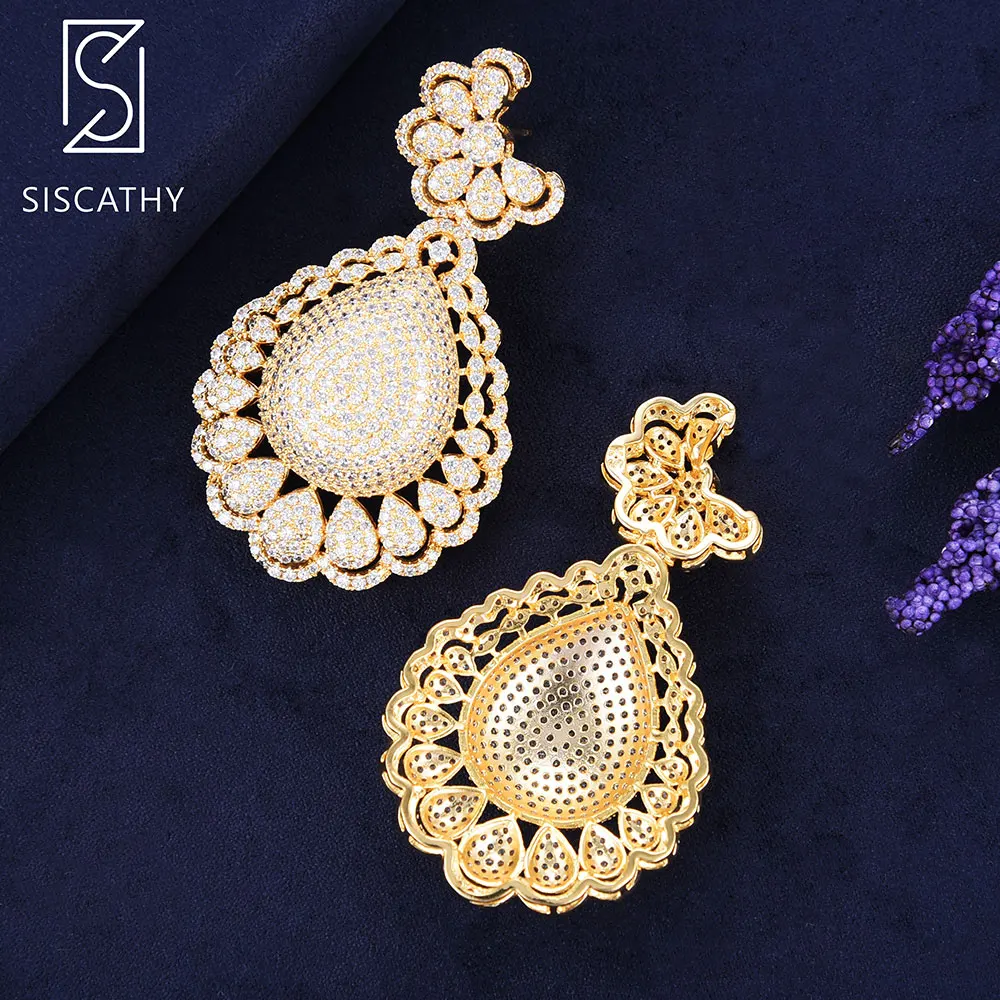 

SISCATHY Luxury Waterdrop Earrings For Women Flower Pierced Cubic Zirconia African wedding Dangle Drop Earrings Engagement wear