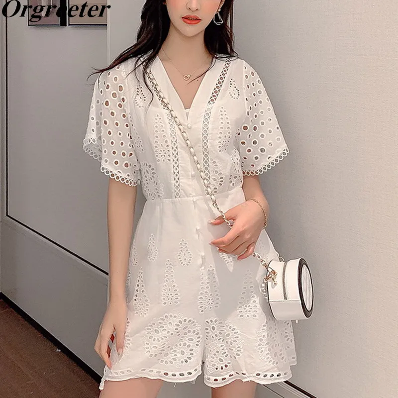 

Cotton Rompers Hollow Out Jumpsuit Embroidery White Lace Women Playsuits Elegant Wide Leg Short/Long Jumpsuit Ladies overalls