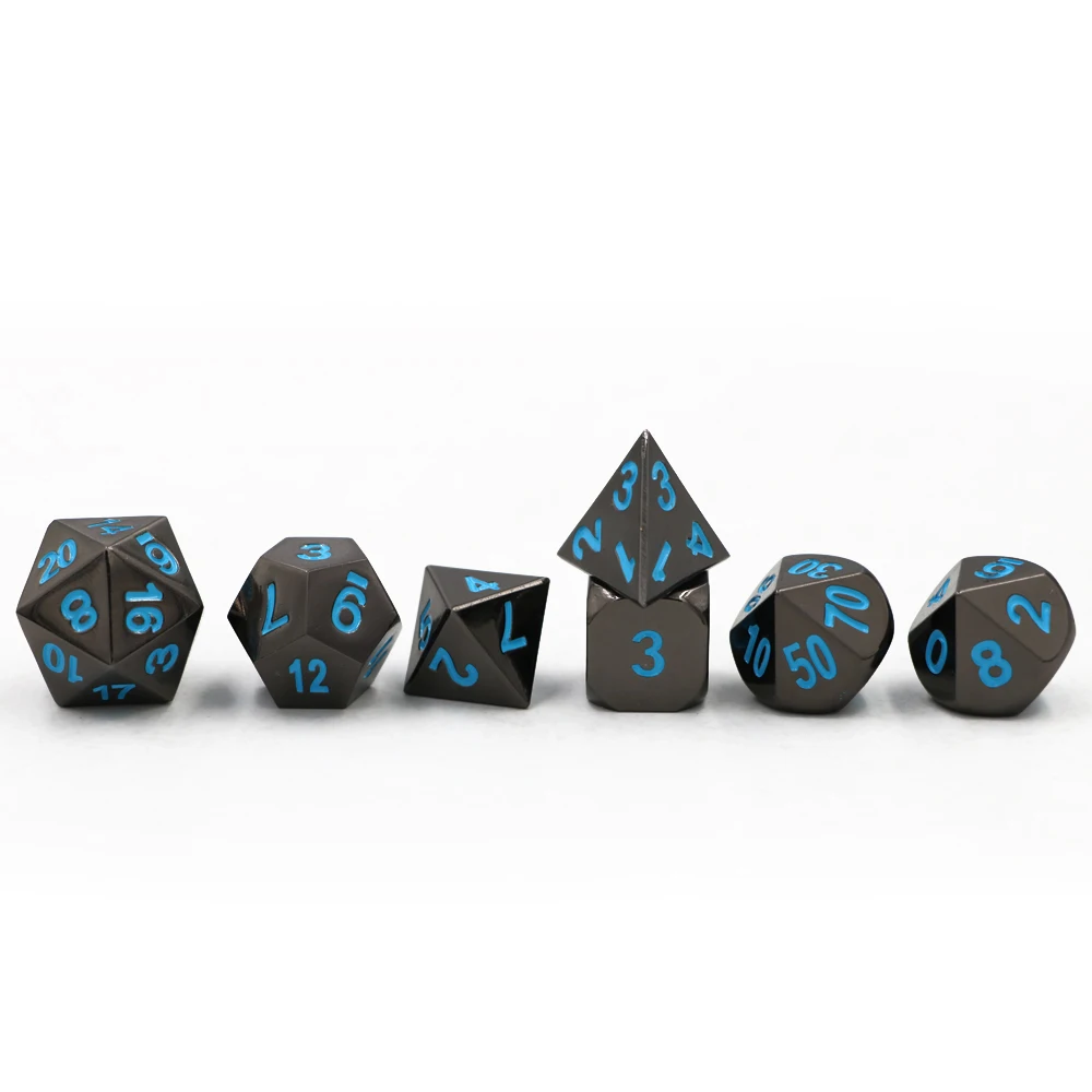 

7pcs/set Creative RPG Game Dice Metal Dice DND Plating Black Nickel Blue Numbers With Bag or box