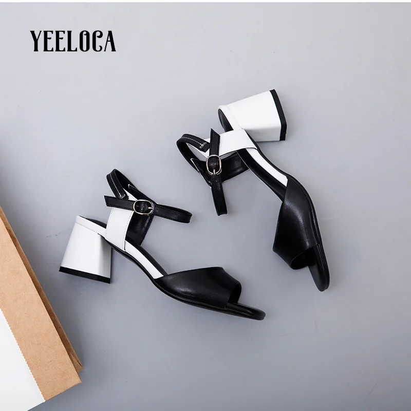 

YEELOCA 2019 sandals women summer shoes high open toe heels leather chunky square heel leisure buckle strap ladies sandals