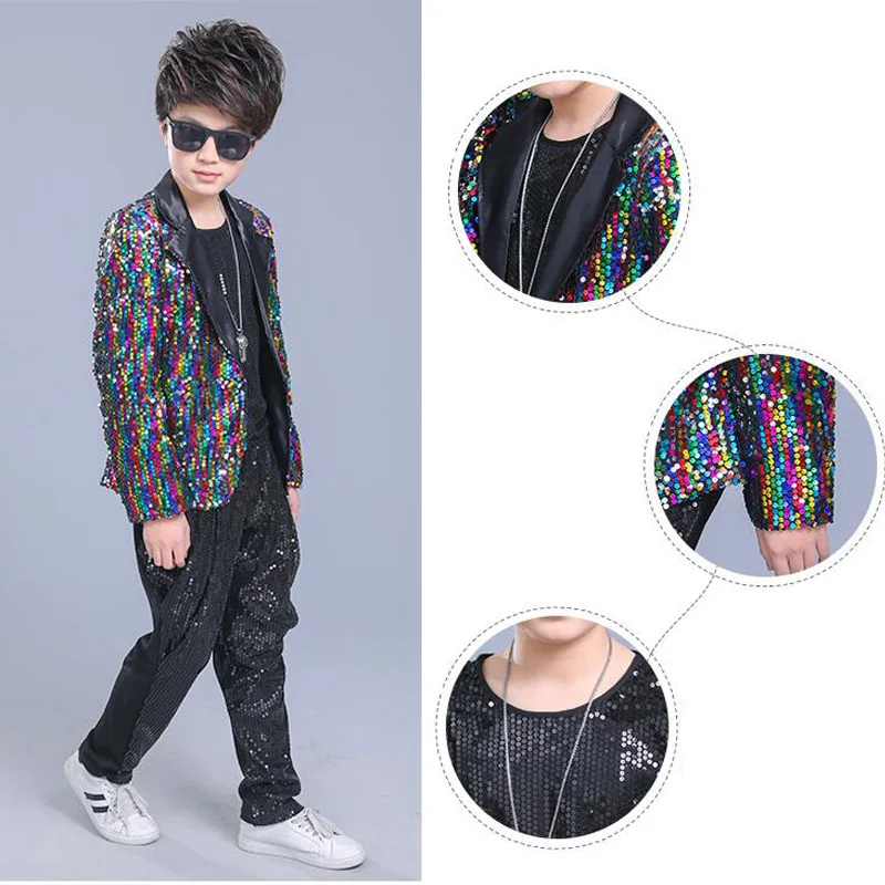 Kids Adult Sequined Pants Jacket Hip Hop Clothing Jazz Dance Costumes Suit Boys Carnival Stage wear Ballroom Dancing Outfits |