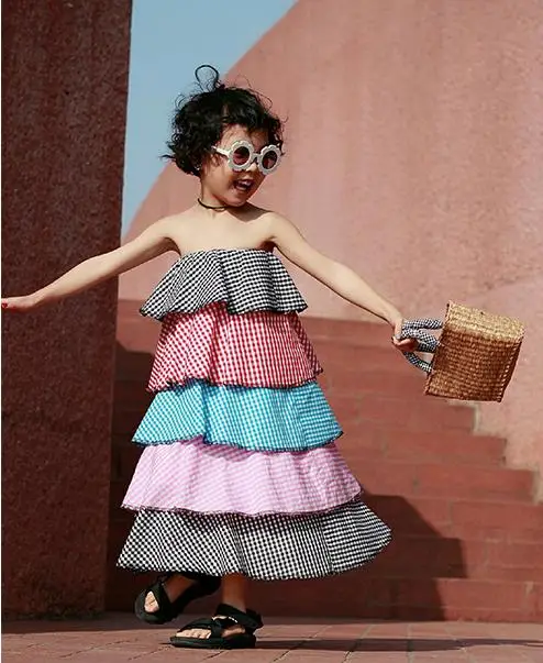Brand Girls strapless dress plaid ruffles children off shulder sleeveless cake holiday beach summer ws534 | Детская одежда и обувь