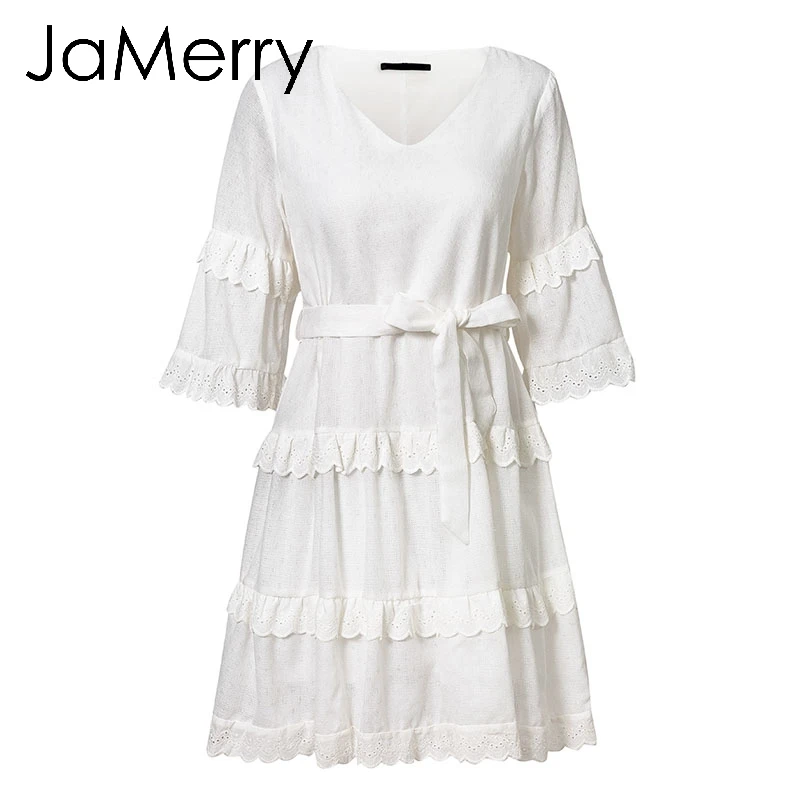 JaMerry, винтажное, с оборками, с вышивкой, белое, кружевное платье, для женщин, с расклешенными рукавами, с поясом, летнее, мини платье для отдыха на пляже, сексуальные короткие платья