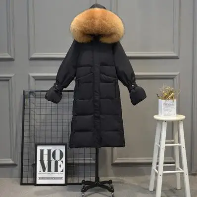 black coat brown fur Женская зимняя куртка с воротником из натурального меха енота, пуховик на белом утином пуху, толстый длинный пуховик, Женская парка с капюшоном размера плюс 4XL - Цвет: black coat brown fur