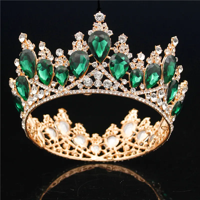 Gold Green Потрясающая Серебряная кристальная полная круглая Корона невесты, роскошная свадебная диадема, корона для невесты, ювелирные украшения для волос, аксессуары - Окраска металла: Gold Green