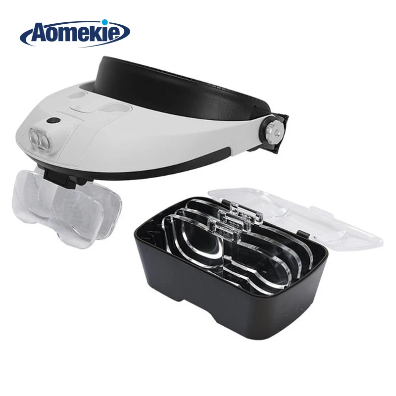 Adjustable Headband 5Lens Binoculars Magnifier LED Magnifying Glass 2Lamps Jewelry Repair Watch Reading Glasses Third Hand Loupe лупа