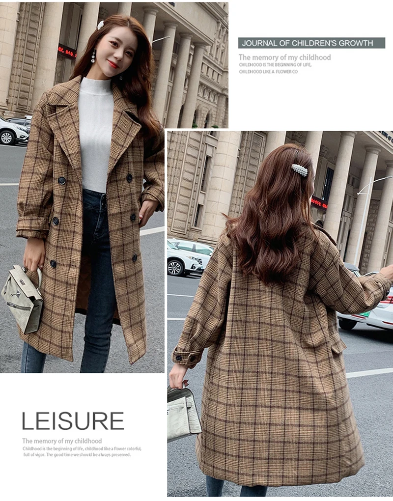 Zoki Loose Plaid Women Long Wool Blend Coat Fashion Winter Warm Jacket Elegant Double Breasted Autumn Fleece Outwear Plus Size