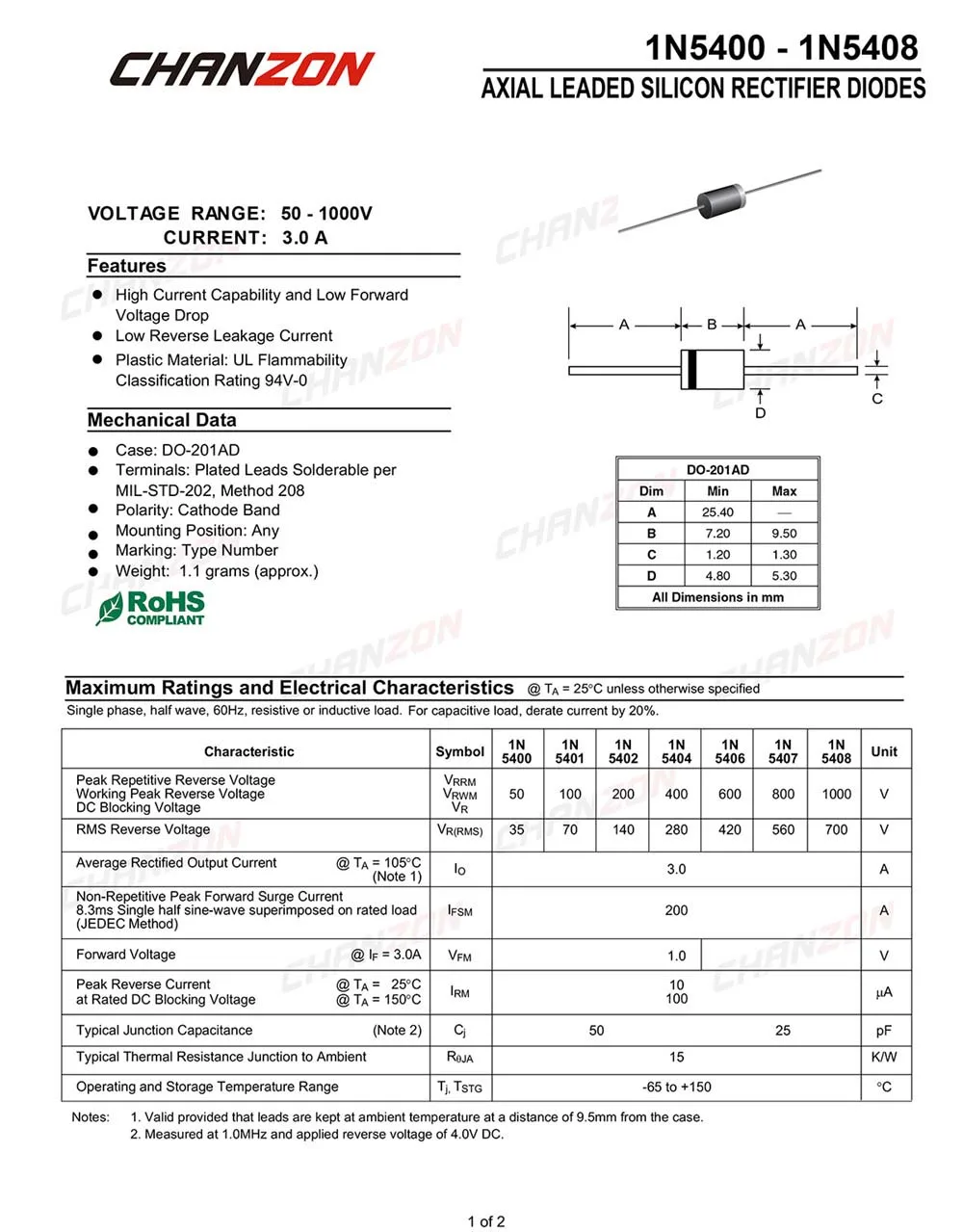 50pcs 1N5400 1N5401 1N5402 1N5404 1N5406 1N5408 Rectifier Diode 3A 50V 100V 200V 400V 600V 1000V DO-201AD DO-27 Axial 3 Amp