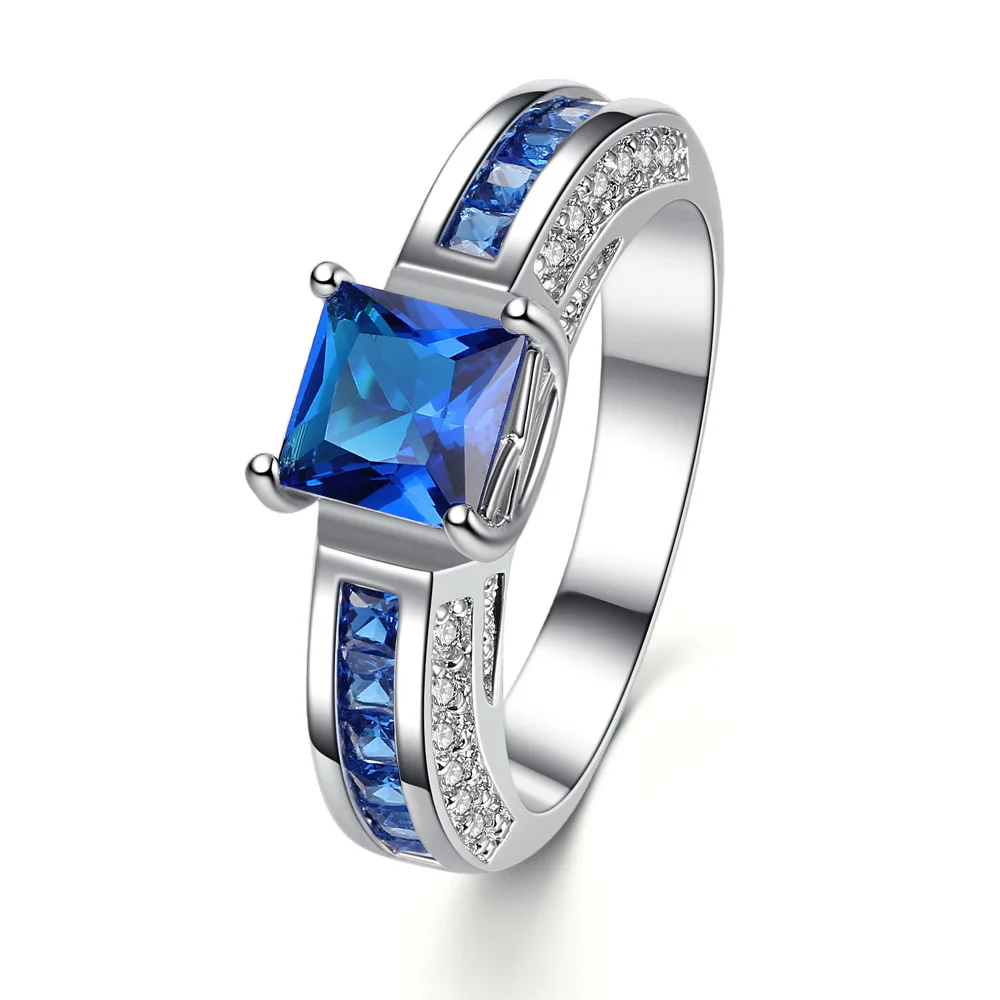 Silver Plated Ring for Wemon Simple and Solid Pink &amp Blue Color Stones Square Crystals Surround Full Sizes | Украшения и