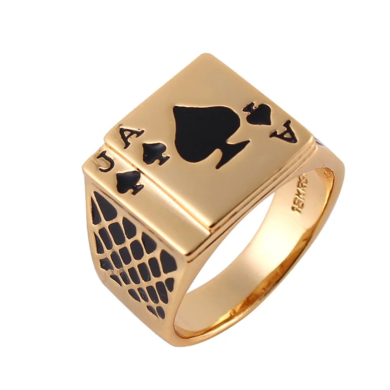 18k Gold Color Ajojewel классические крутые мужские ювелирные изделия массивные черные эмалированные пики кольцо для покера для мужчин золотого цвета - Цвет основного камня: 18k Gold Color
