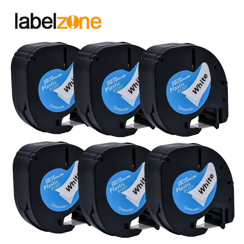 

LABLEZONE 6Pcs 91201 Plastic label tape Compatible Dymo Letratag printers LT91201 91331 91221 59422 black on white 12mm*4m